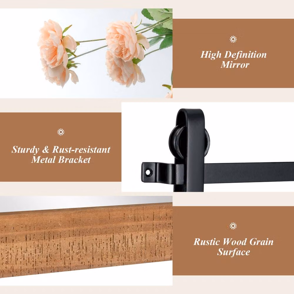 Gymax Rustic Farmhouse Rectangular Wall Mirror with Wood Frame and Metal Bracket, Brown, W: 61 cm, H: 91 cm – 4