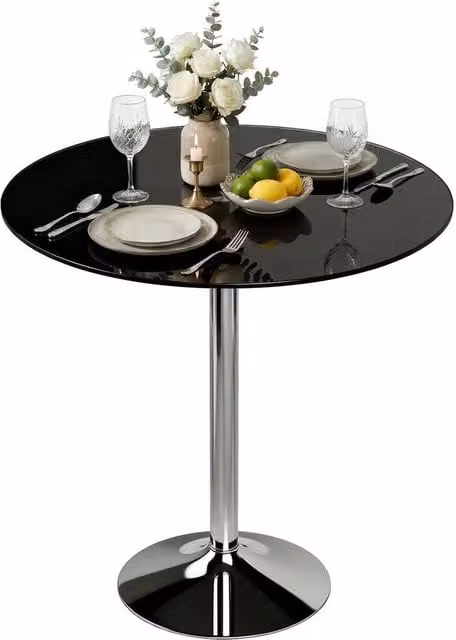 NESTLUNE Round Bar Table with Black Tempered Glass Top and Steel Frame, Diameter: 80 cm