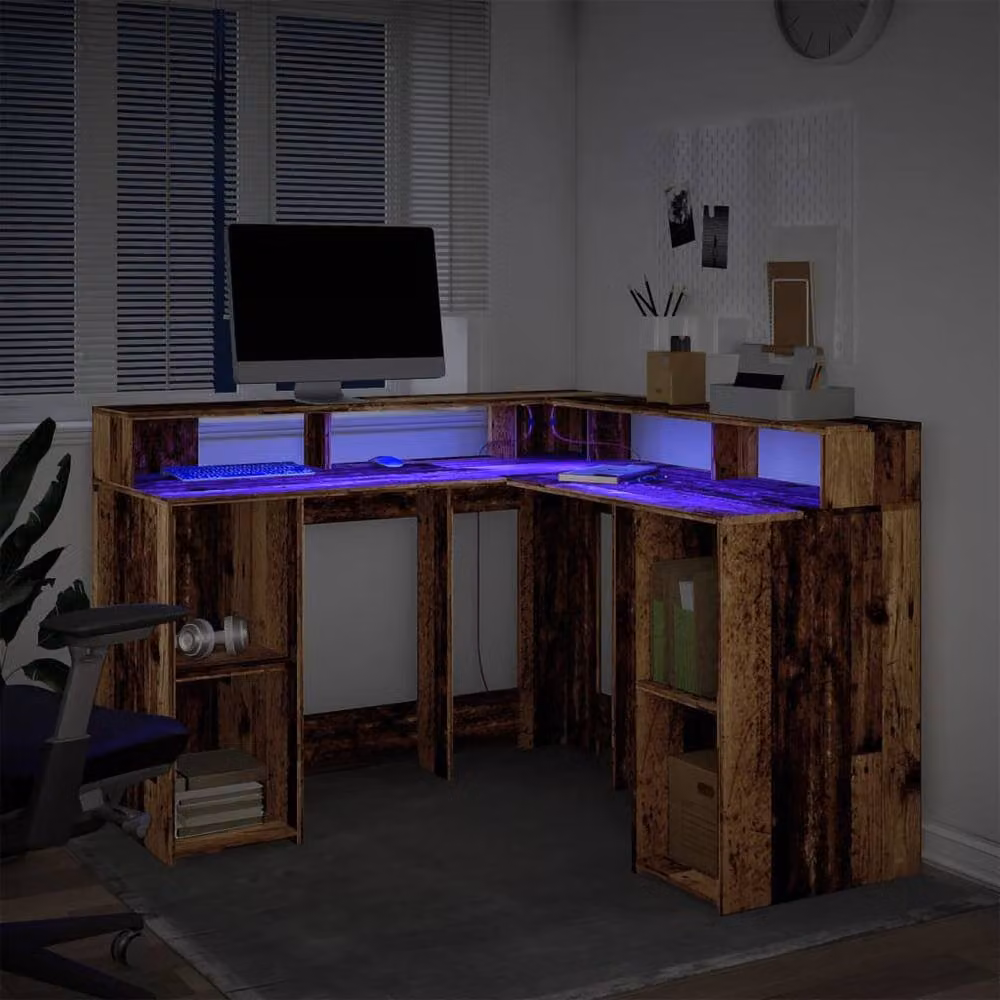Berkfield Home Soft Desk with LED Lights in Old Wood Brown, W/D/H: 130 x 130 x 91 cm – 3