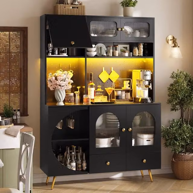 Merax Modern Black Kitchen Dresser with Perforated Wall, LED Lighting, Power Outlets and Glass Doors, W/D/H: 120 x 40 x 176 cm