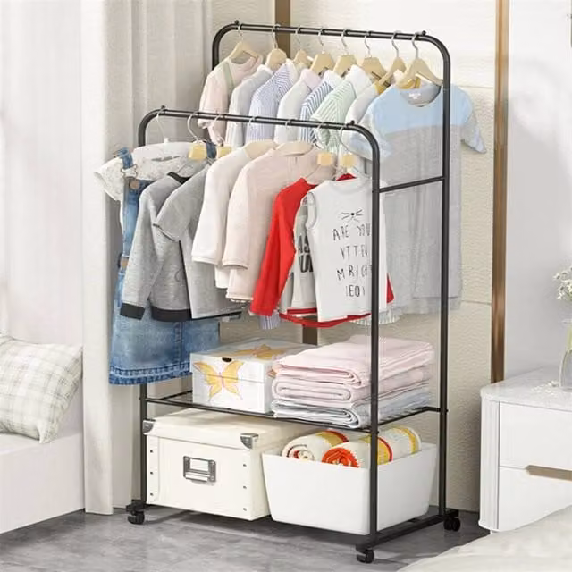 EONLION Industrial Metal Double Clothes Rail in Matt Black, Width: 50 cm
