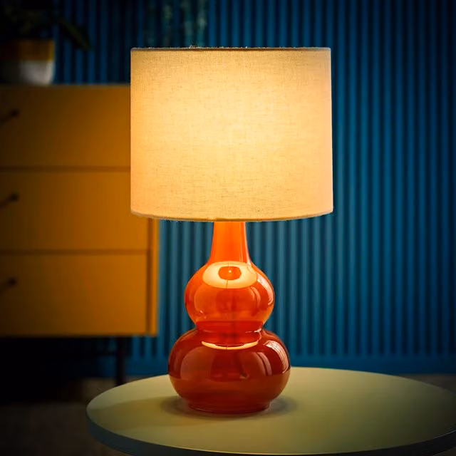 Maguire Bubble Glass Table Lamp with Beige Linen Shade and Bulb - Burnt Orange