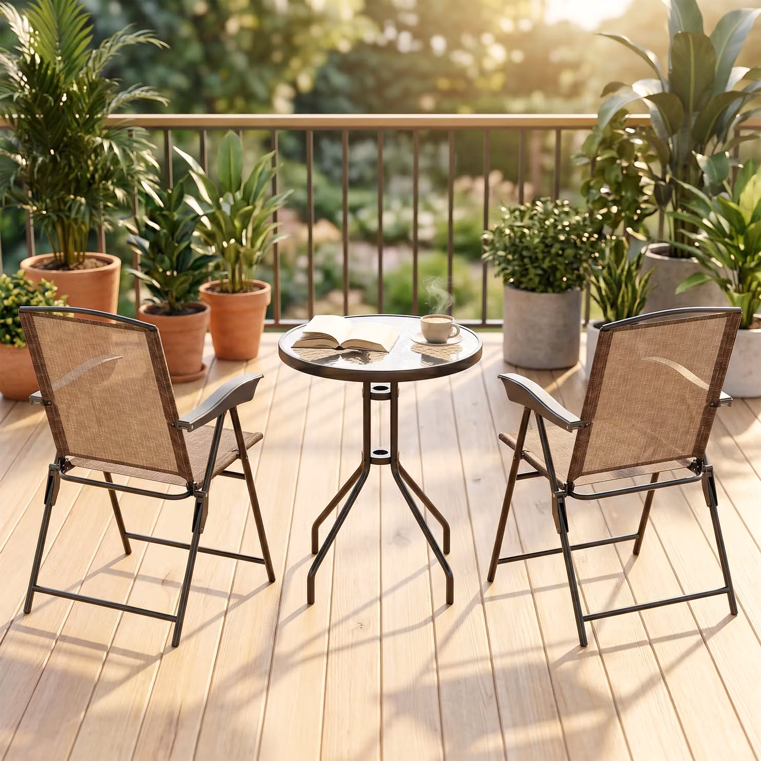 Outsunny 3 Piece Garden Bistro Set with Round Tempered Glass Table and 2 Folding Chairs in Brown – 7