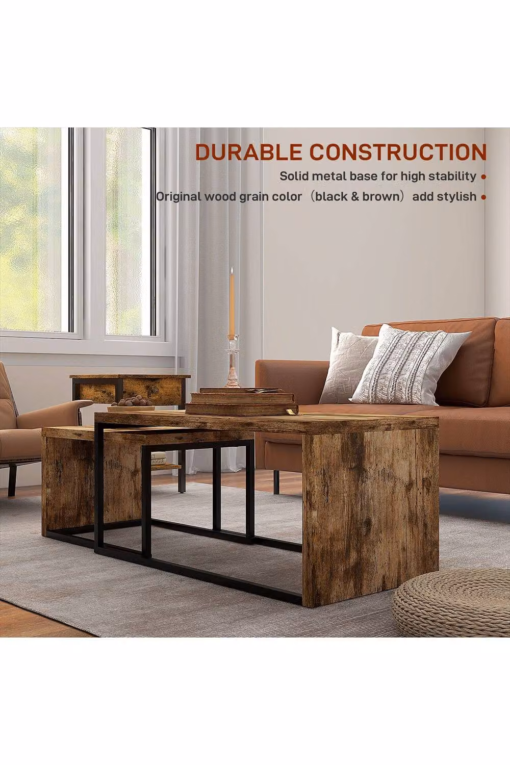 ERGOVEXA Nesting Coffee Table Set of 2, Industrial Stacking Side Tables in Rustic Brown and Black – 2