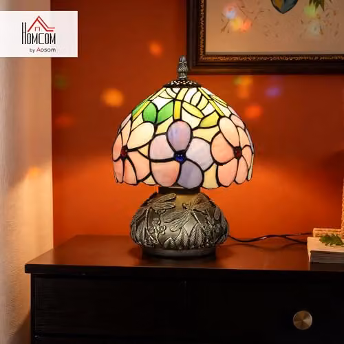HOMCOM Tiffany-Style Table Lamp with Sculpted Dragonfly Base in Pink, Bronze and Multicolour – 2