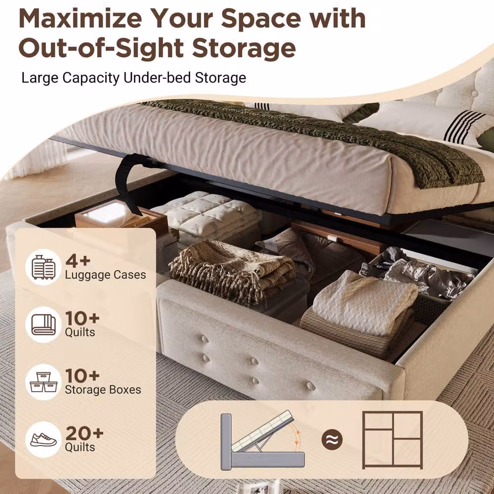 STILVORA Upholstered King Size Bed Frame in Beige with LED Lighting, USB Charging Ports and Lift-Up Base – 5