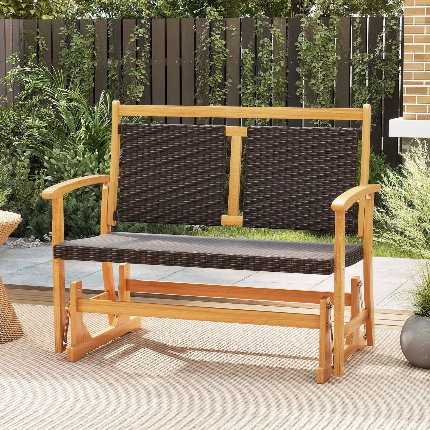 Gymax Outdoor Acacia Wood Glider Bench with Rattan Backrest in Brown – 4