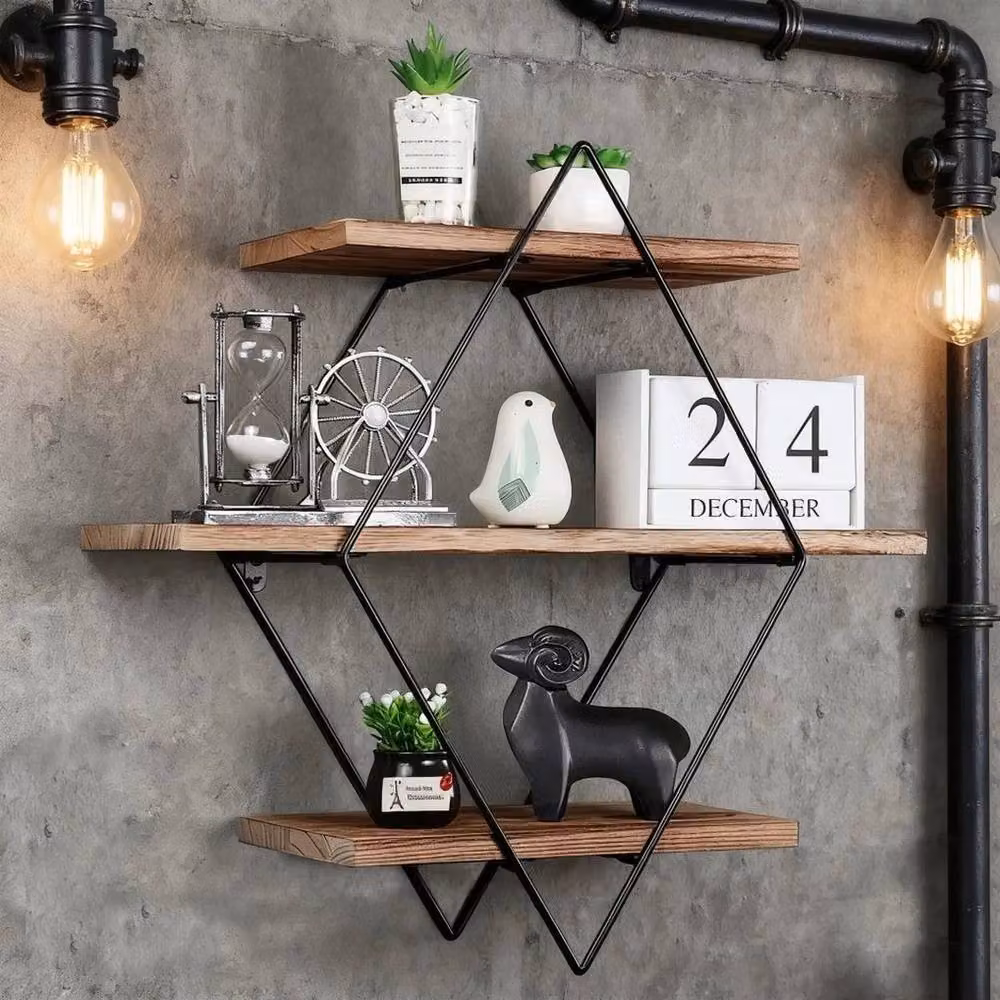 Kelvenix Brown Wood and Metal Wall Mounted Floating Shelves with Rustic Open Back Partition Storage – 3