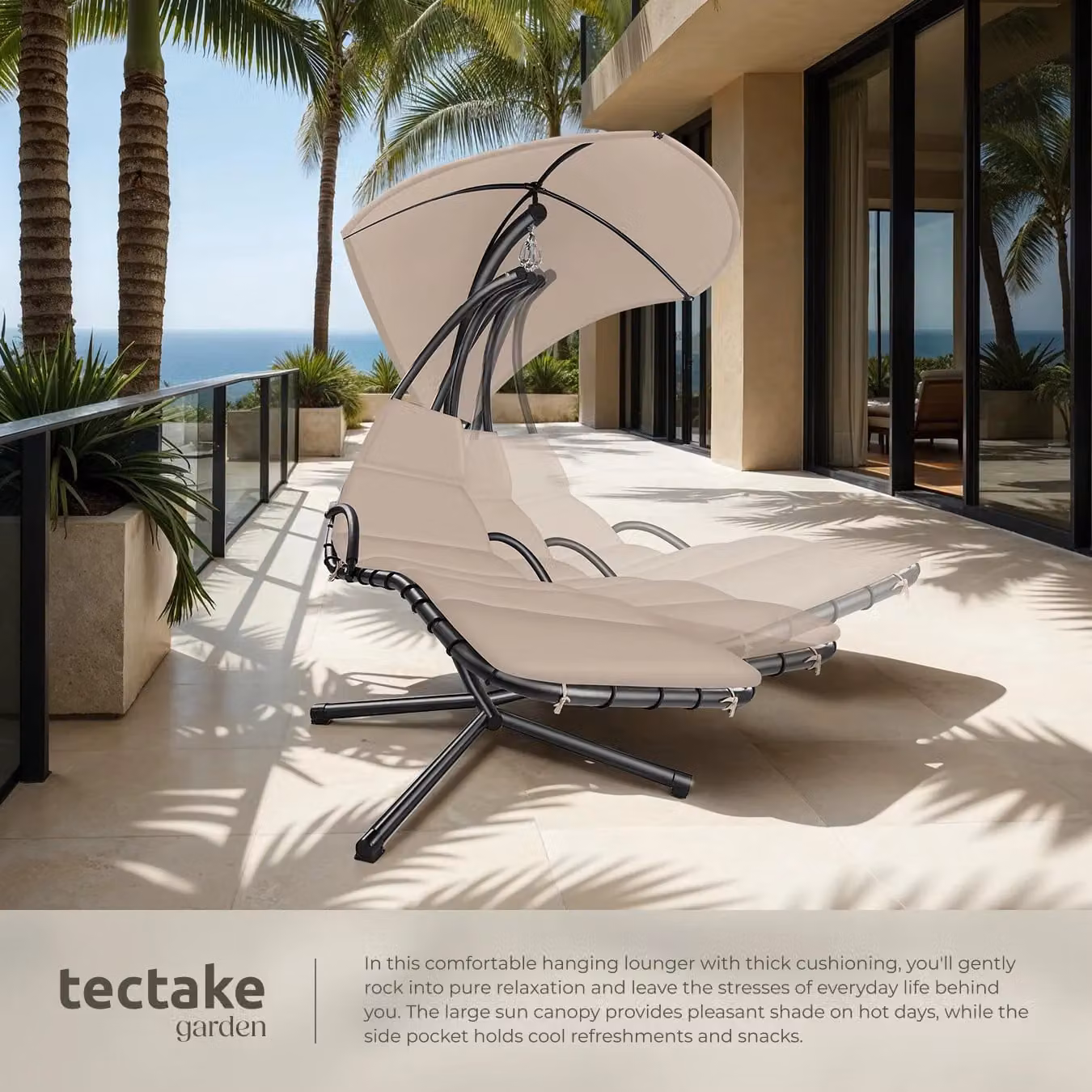 tectake Elaria Hanging Chair in Beige with UV-Protection Sun Canopy – 4
