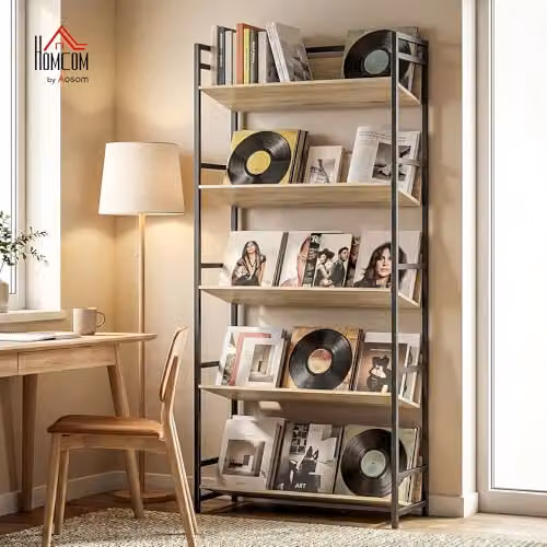 HOMCOM 5-Tier Industrial Bookshelf with Media Compartments in Brown and Black, H 174 x W 80 x D 35 cm – 2
