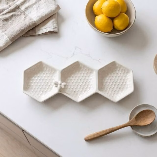 Garden Greatness White Ceramic Honeycomb Bee 3 Section Dip Dish