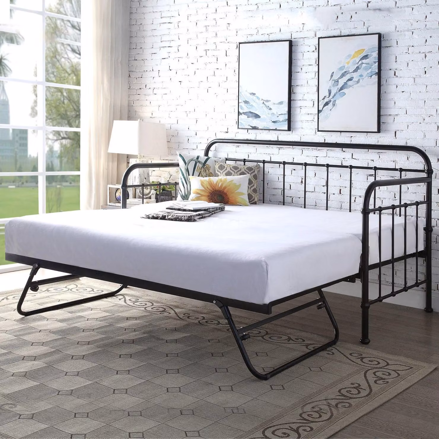 SlumberWorx Ickleford Industrial Metal Day Bed Frame with Trundle in Black, Single W/D/H: 90 x 200 cm – 1