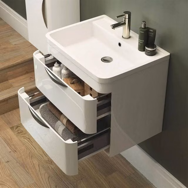 FORGEVIO Gloss White Wall Hung 2-Drawer Vanity Unit with Polymarble Basin, Width: 80 cm