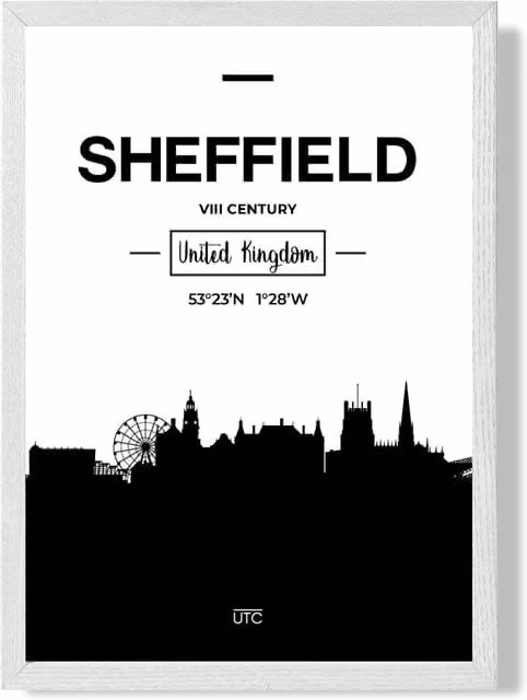ARTZE Sheffield Black and White City Skyline Framed Print with White Frame, A3 – 1