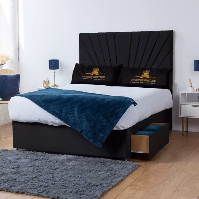 UK Bed Furniture Sunrise Divan Bed with 4 Drawers and 26 Inch Headboard in Black, Super King, W/D/H: 200 x 200 cm – 1