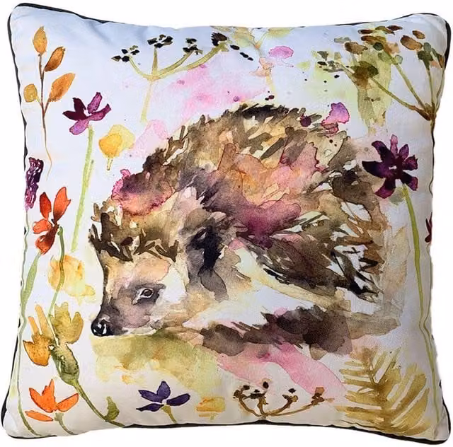 Jennifer Rose Hedgehog Floral Square Velvet Filled Cushion in Multicolour – 1