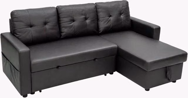 FORGEVIO Black Faux Leather L-Shape Corner Sofa Bed with Scatter Cushions