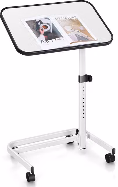 COSTWAY White Portable Overbed Table with Height-Adjustable and Tilting Rotating Top