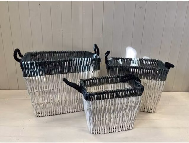 KDMD Set of 3 White and Blue Open Weave Rattan Wicker Baskets – 1