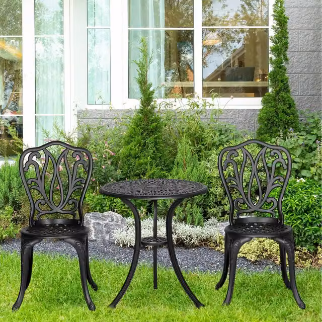 Outsunny 3 Piece Metal Patio Bistro Set with Umbrella Hole in Matt Black