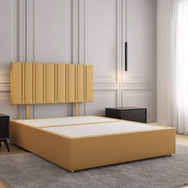 Regional Furnishings Luxury Plush Velvet Double Divan Bed with 24 Inch Headboard in Mustard Yellow, W/D/H: 140 x 200 x 30.48 cm