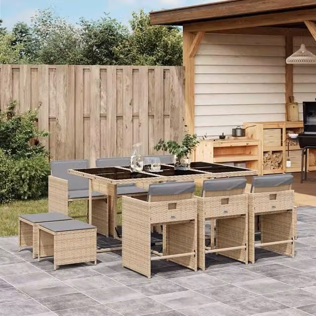 Berkfield Home 11 Piece Poly Rattan Garden Dining Set with Cushions and Glass Top in Beige