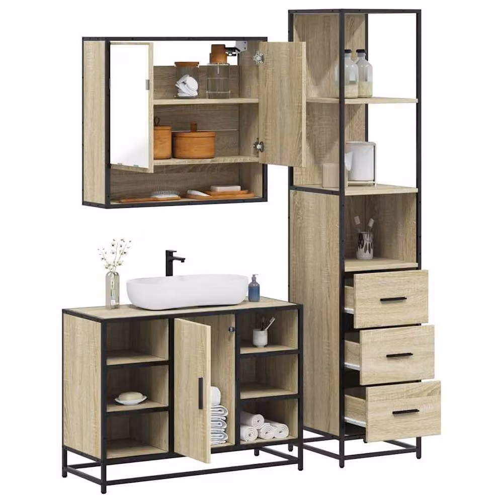 Berkfield Home 3-Piece Industrial Bathroom Furniture Set in Sonoma Oak and Brown – 2