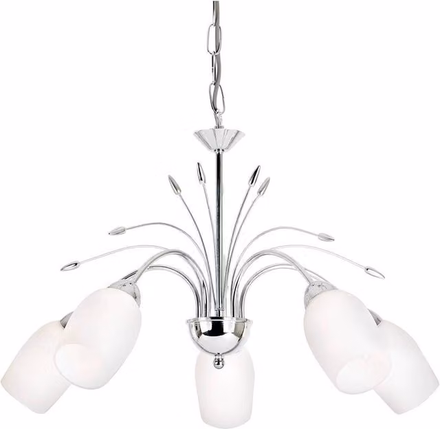 Endon Meadow 5 Light Multi Arm Ceiling Pendant Light in Chrome with White Glass, E14