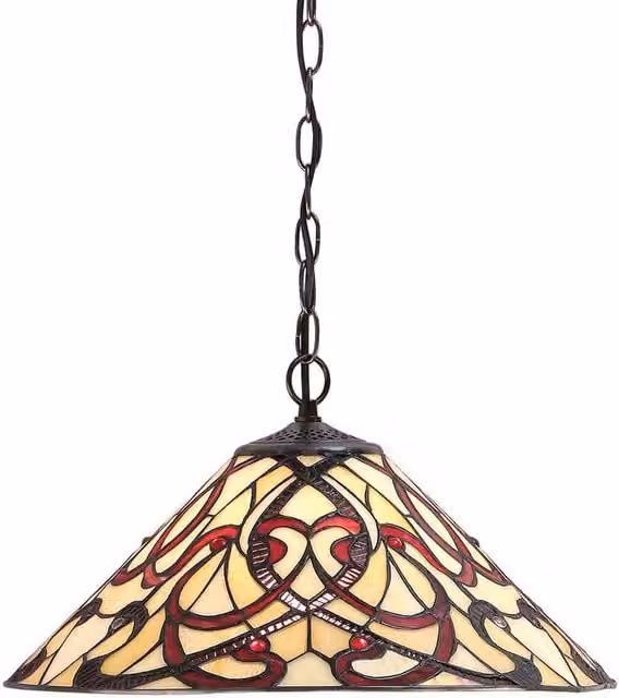 Interiors 1900 Ruban Art Nouveau Single Light Ceiling Pendant in Dark Bronze with Multicolour Red Tiffany Glass and E27 Socket
