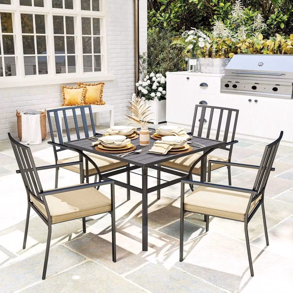 Wyld Haus Nonilu 4 Seater Garden Dining Set with Square Metal Table in Black and Beige – 3