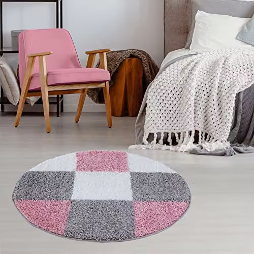 THE RUGS Modern Checked Shaggy Round Area Rug, Pink and Grey, Diameter: 120 cm – 3