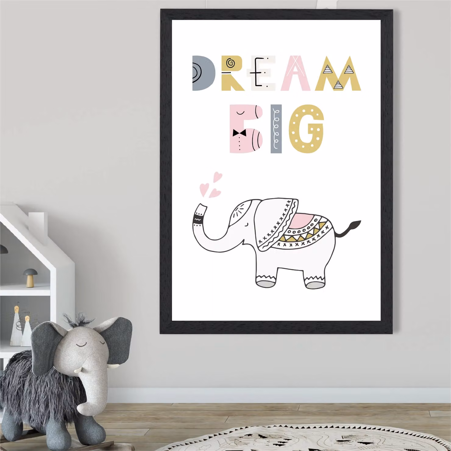 ARTZE Cute Dream Big Elephant Scandi Quote Framed Print, Pink and Black – 2