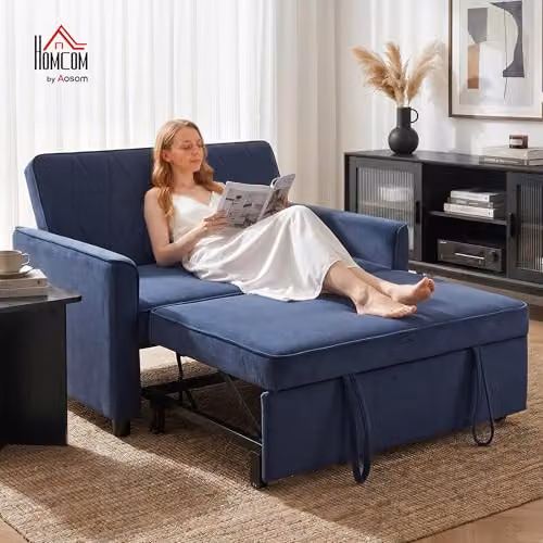 HOMCOM 2 Seater Velvet Sofa Bed in Dark Blue, 3-in-1 Click-Clack Sleeper Loveseat with Solid Wood Frame – 2