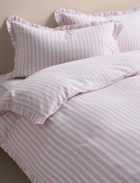 M&S Pure Cotton Narrow Stripe Ruffle Bedding Set in Pink Mix, W: 200 cm x H: 200 cm