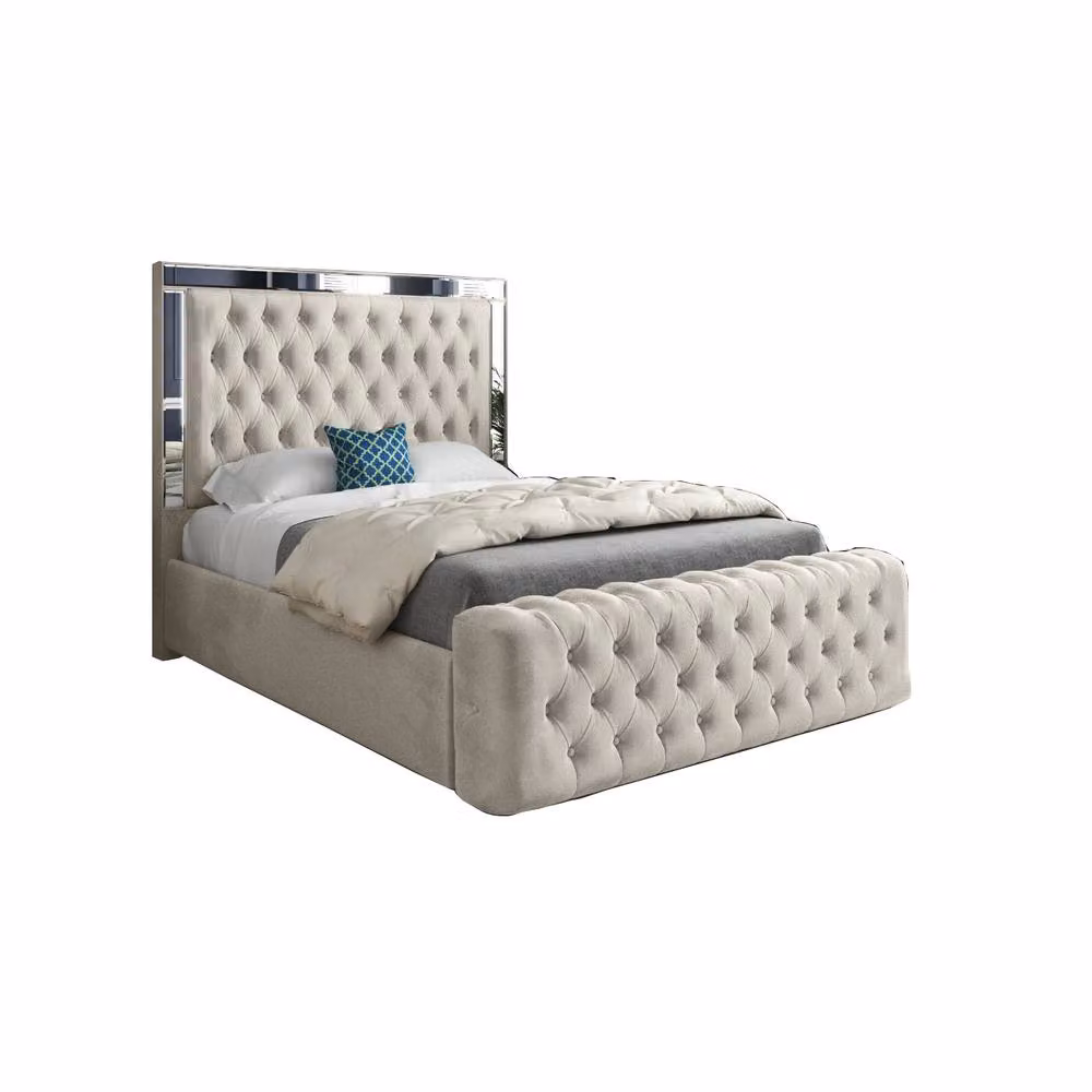 KDMD Redesdale Mirror Upholstered Designer Bed Frame in Beige Velvet, W/D/H: 137 x 128 x 200 cm – 2