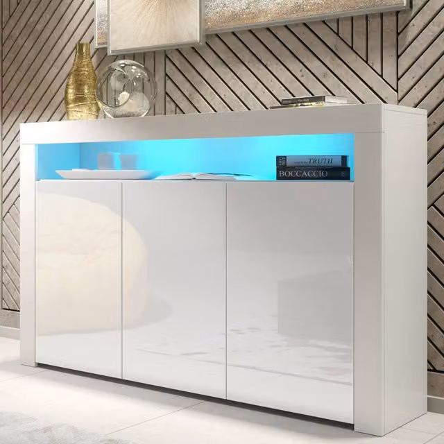Mex Furniture LTD Aether Sideboard in White with Glossy Doors and Integrated Lighting, W: 155 cm, H: 92 cm, D: 40 cm