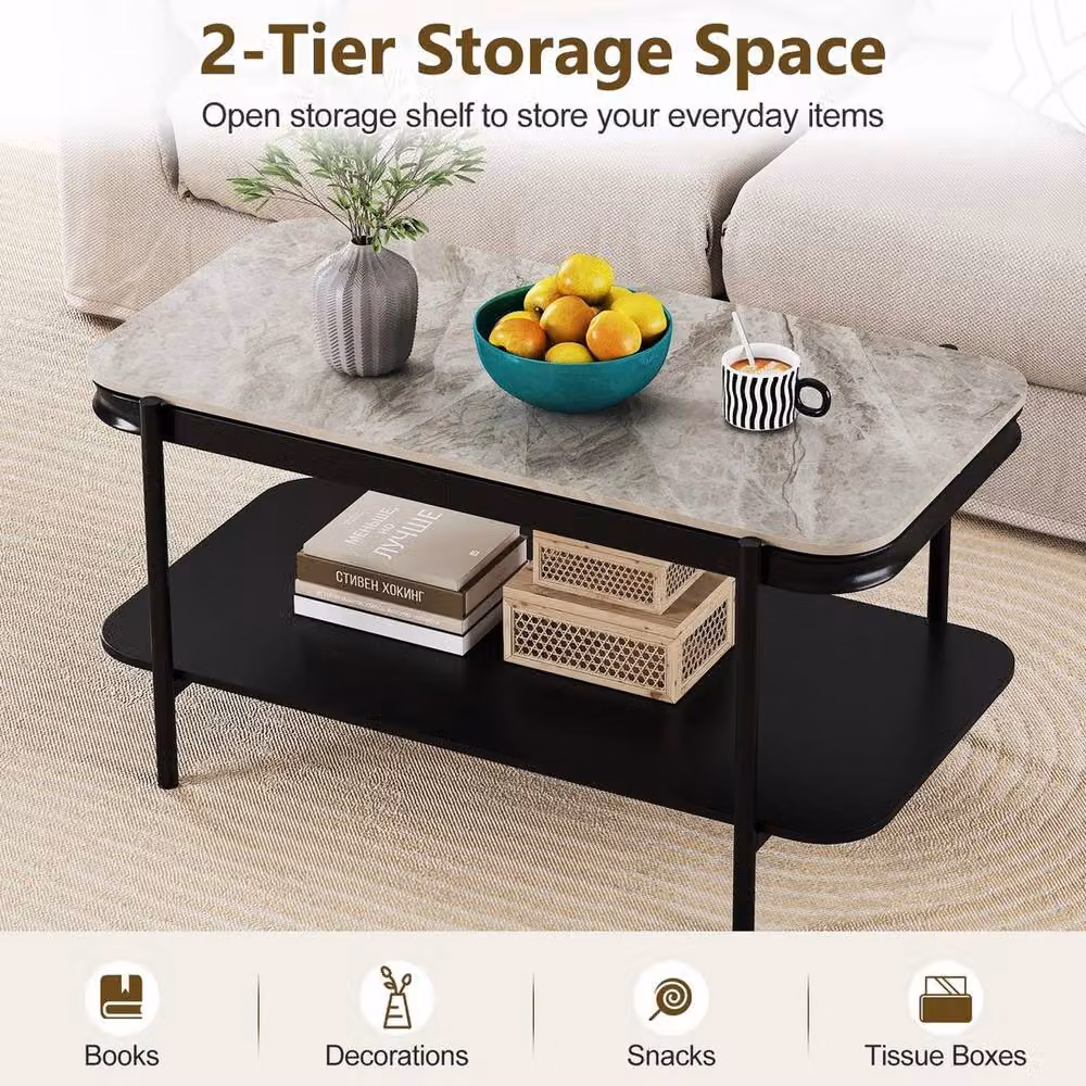 SPETLEK Modern 2-Tier Rectangular Coffee Table with Grey Glossy Sintered Stone Top, W/D/H: 90.0 x 65.0 x 45.5 cm – 4