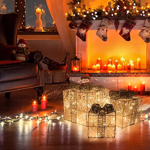 The Christmas Workshop Set of 3 Light-Up Christmas Boxes in Silver and White with 65 Warm White LEDs – 3