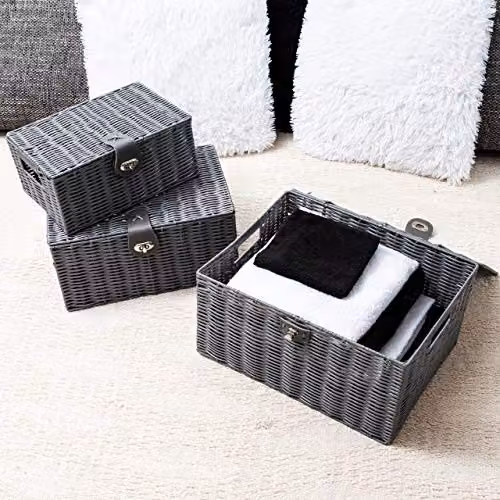 Arpan Set of 3 Resin Woven Storage Basket Boxes with Lid and Lock in Grey – 5