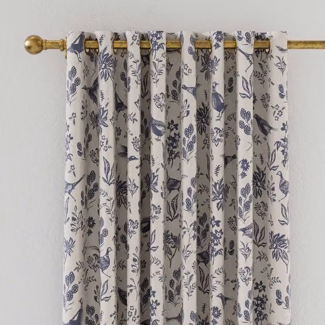 Joules Festival Pheasants Blue and Silver Blackout Eyelet Curtains, W: 137.16 cm, H: 228.6 cm