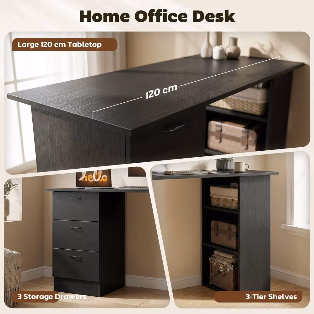 STILVORA Modern Black Computer Desk with 3 Drawers and 3 Shelves – 5