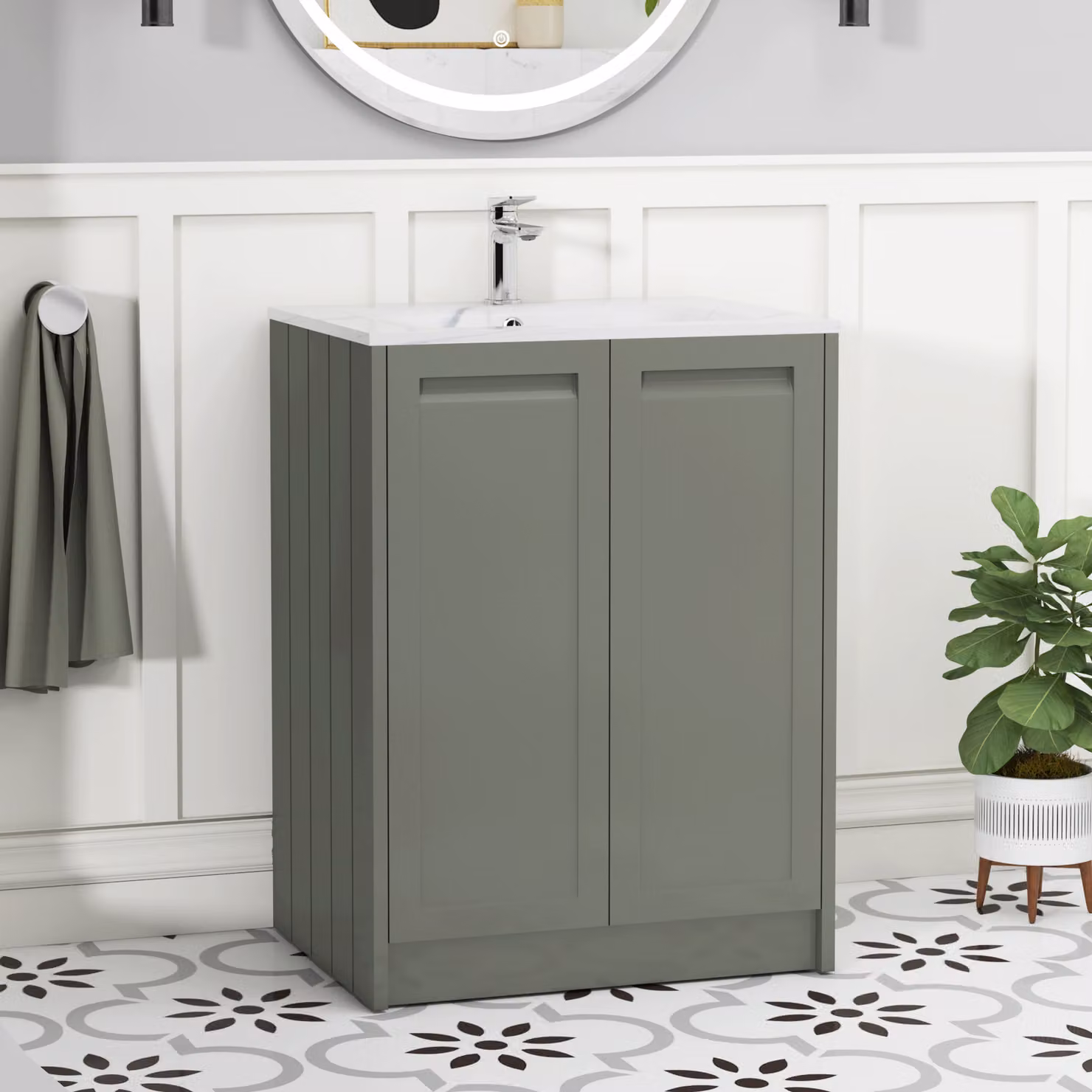 Royal Bathrooms Elmore Traditional 2 Door Floor Standing Vanity Unit with Carrara White Basin, Matt Green