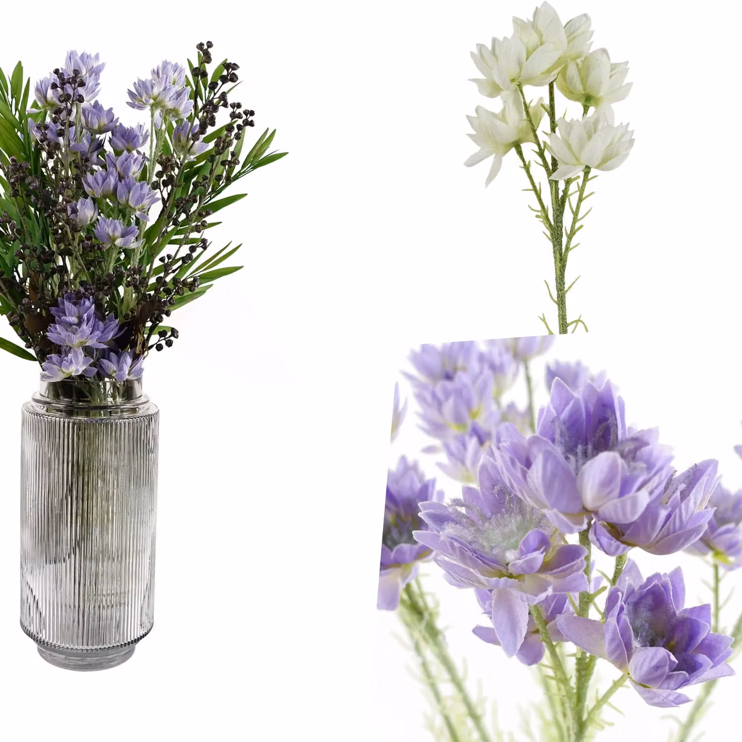 Pegdev Pack of 6 White and Purple Artificial Silk Starflower Stems, 60 cm – 3