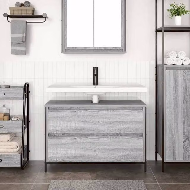 Berkfield Home Decorative Bathroom Basin Cabinet with Drawers, Grey Sonoma, W: 90 cm, D: 34.5 cm, H: 60 cm – 1