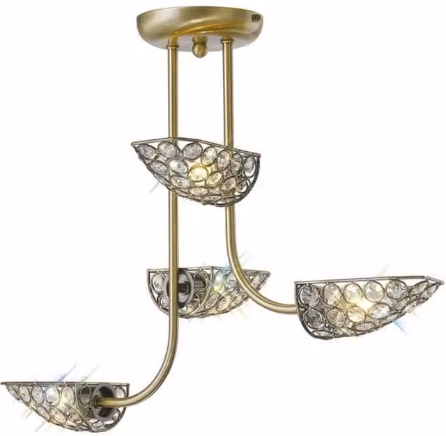 Netlighting Ashton 4 Light Semi Flush Ceiling Light in Antique Brass and Crystal