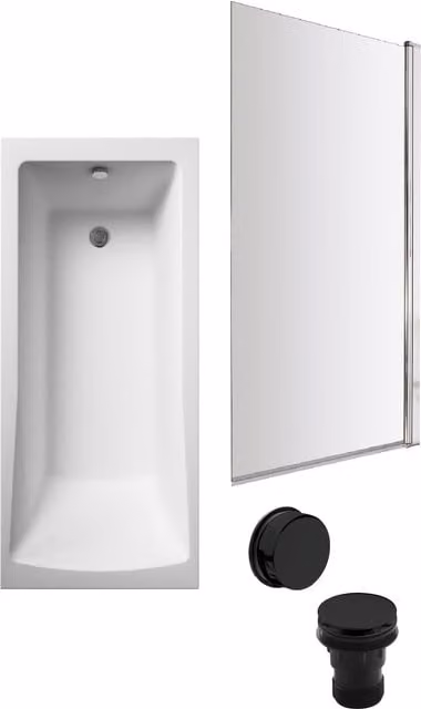 Balterley Square White Bath Set with Chrome Screen, Black Waste and Leg Set, W/D/H: 170 x 70 x 3 cm – 1