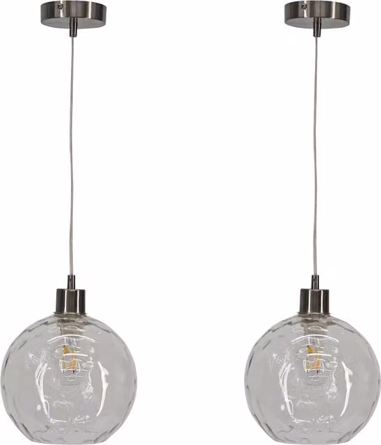 First Choice Lighting Barnum Set of 2 Suspended Pendant Lights with Transparent Glass Spheres and Silver Metal Accents