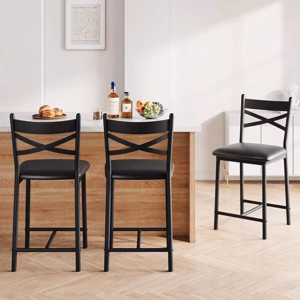 VOGREX Set of 2 Black Synthetic Leather and Metal Counter Height Bar Stools – 3