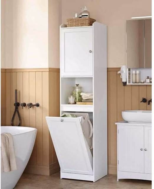 The Bazaarist Tall Freestanding Bathroom Cabinet with Laundry Hamper, White, H: 170 cm, W: 40 cm
