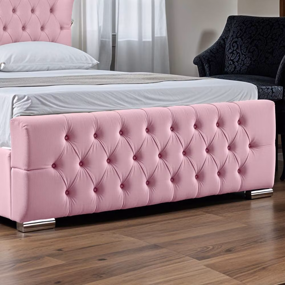 UK Bed Furniture Isabella Pink Velvet Upholstered Slatted Base Bed with 48 Inch Wingback Headboard, W/D/H: 90 x 190 cm – 3